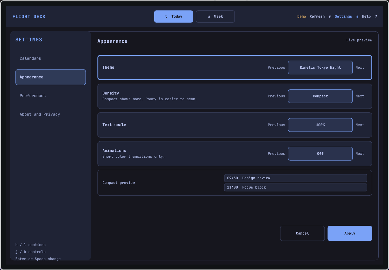 Appearance settings showing the Kinetic Tokyo Night theme, Compact density preview, text scale, Animations, and separate Apply and Cancel actions