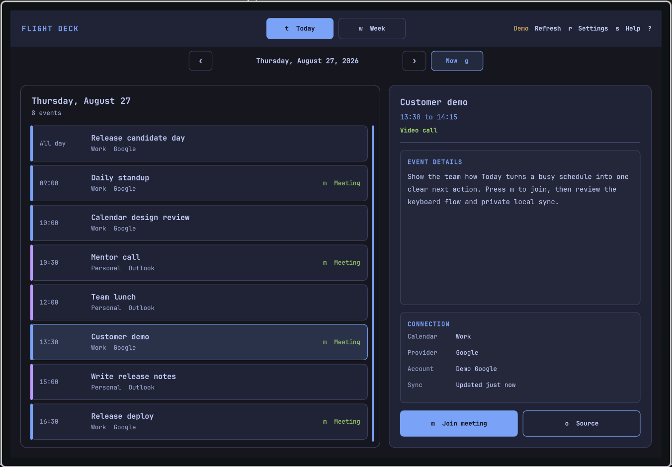 Flight Deck Calendar Today view with a selected video call and its Join meeting action available