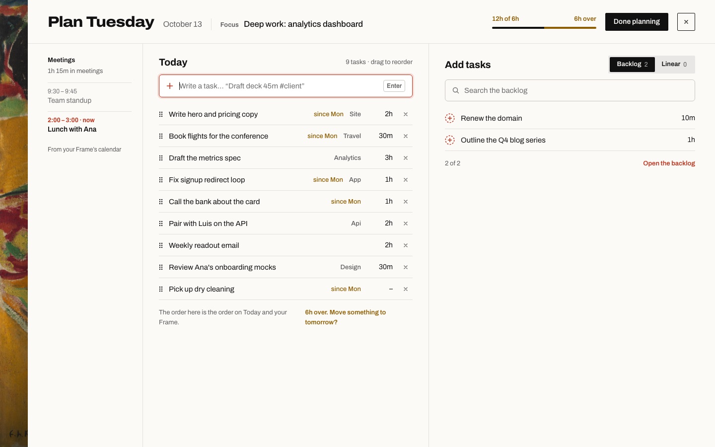 Planning in the whole window: meetings, the day, and the backlog