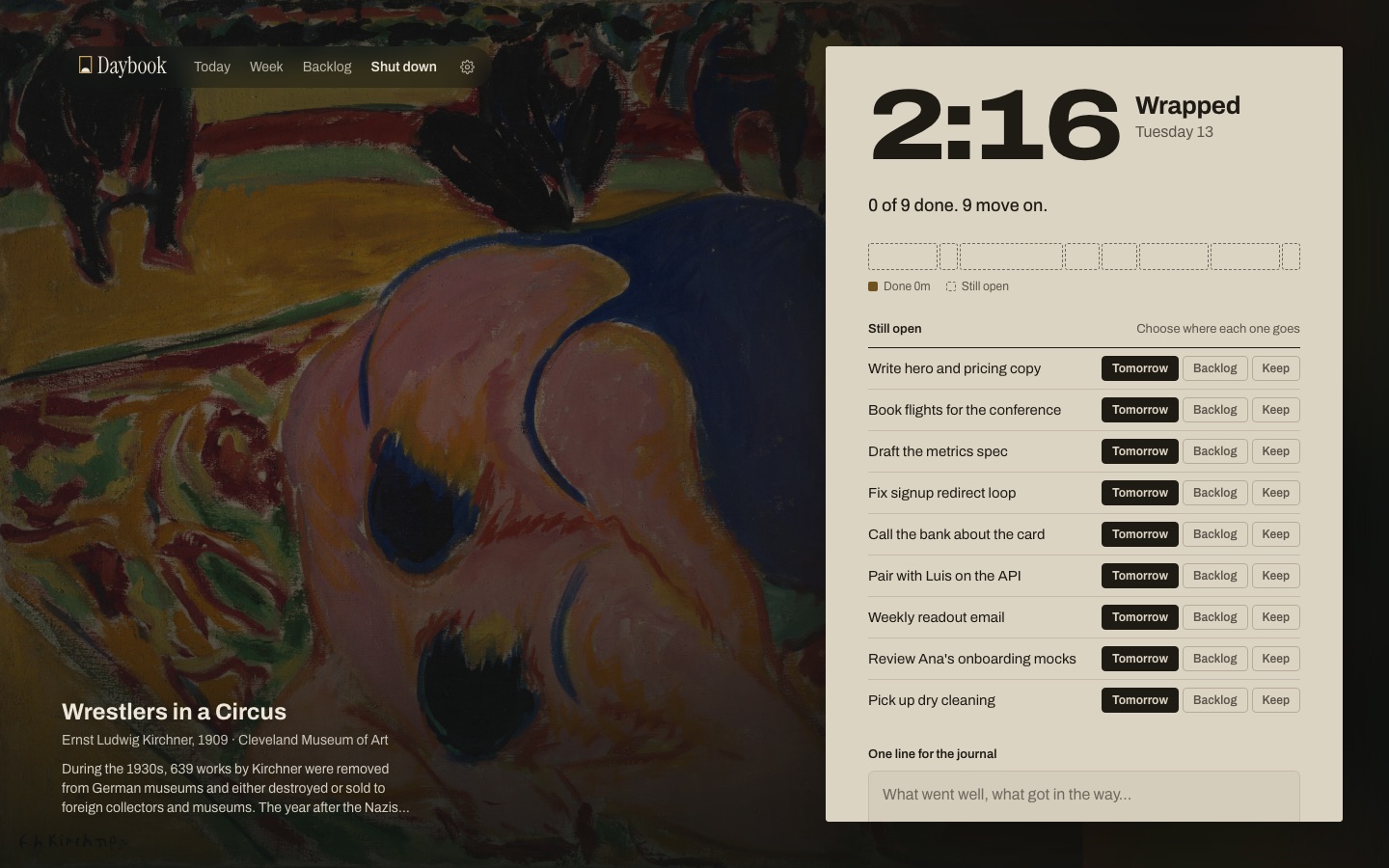 Shut down: the day's painting at dusk, a recap, and where each open task goes