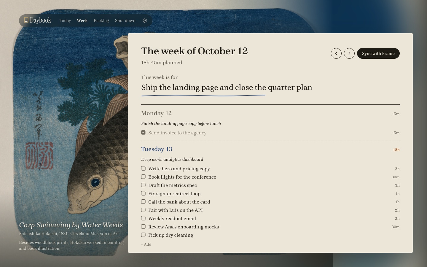 Week: the days on one card, written like a notebook