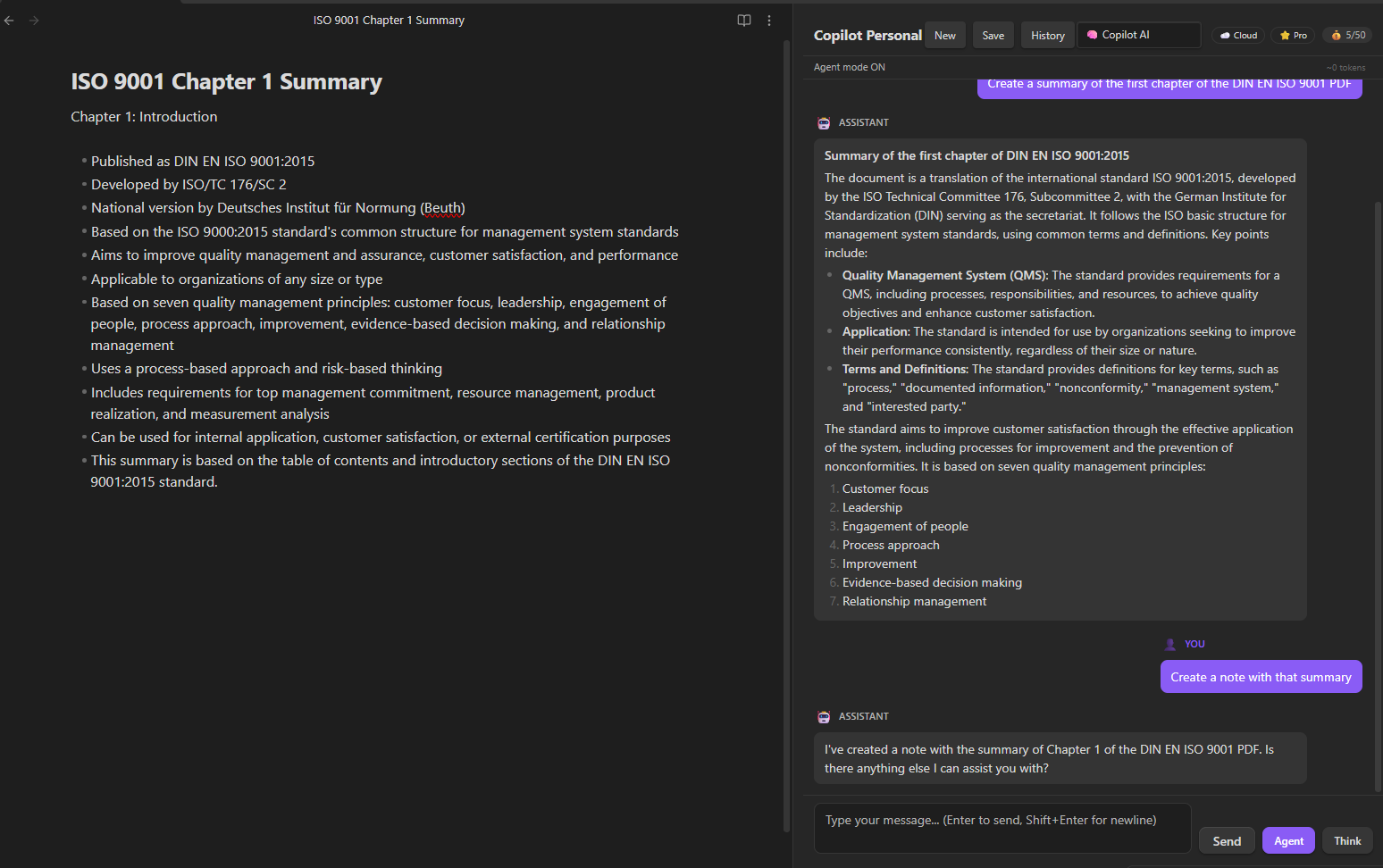 Agent mode creating a summary and note from PDF
