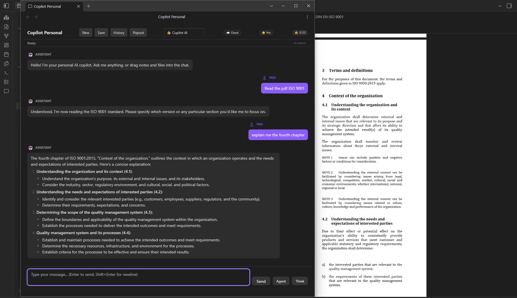 Popout chat window with Copilot AI reading a PDF chapter