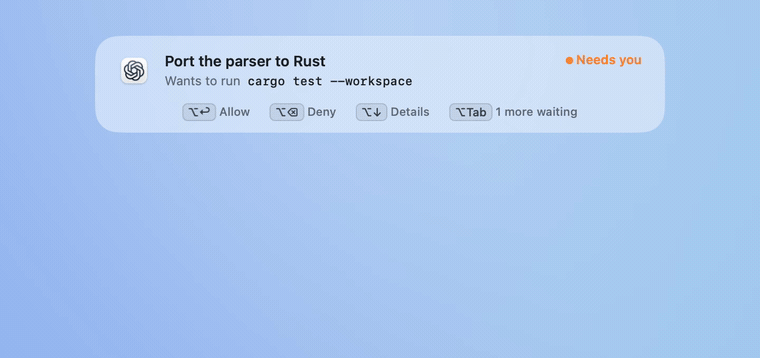 Claude Code and then Codex ask to run a command. Muster's alert shows the newest first with its keys along the bottom; ⌥↓ unfolds why Codex asks, and ⌥↩ answers each in turn.