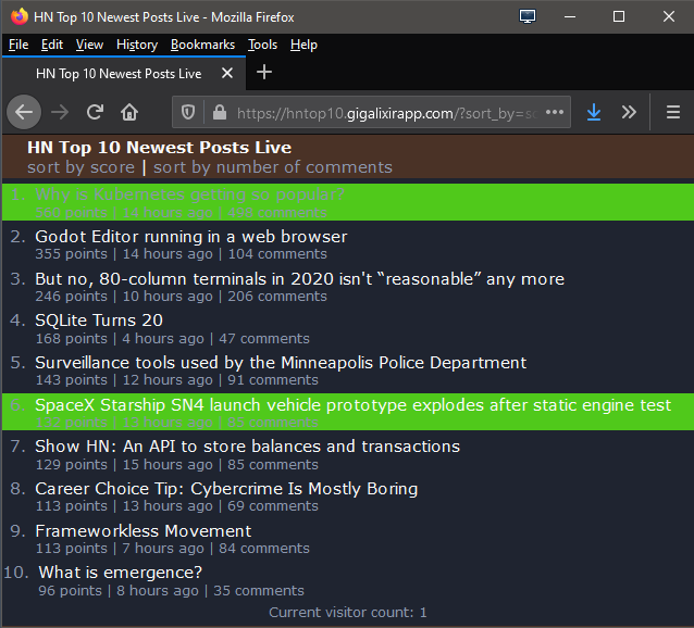 A screenshot of the HNLive app, showing the top 10 newest HN posts sorted by score