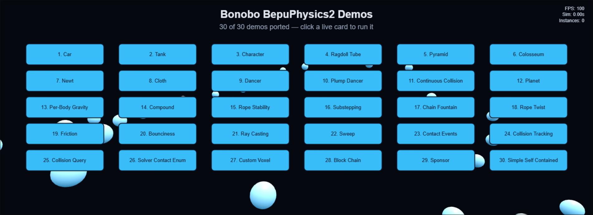 Main menu with the 30-demo card grid