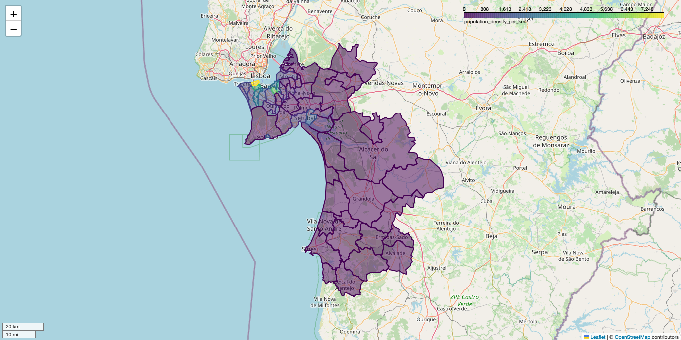 Screenshot of a web choropleth map of Setúbal district with parish polygons