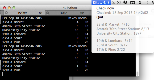 Screenshot with the Python CLI and the OSX status bar