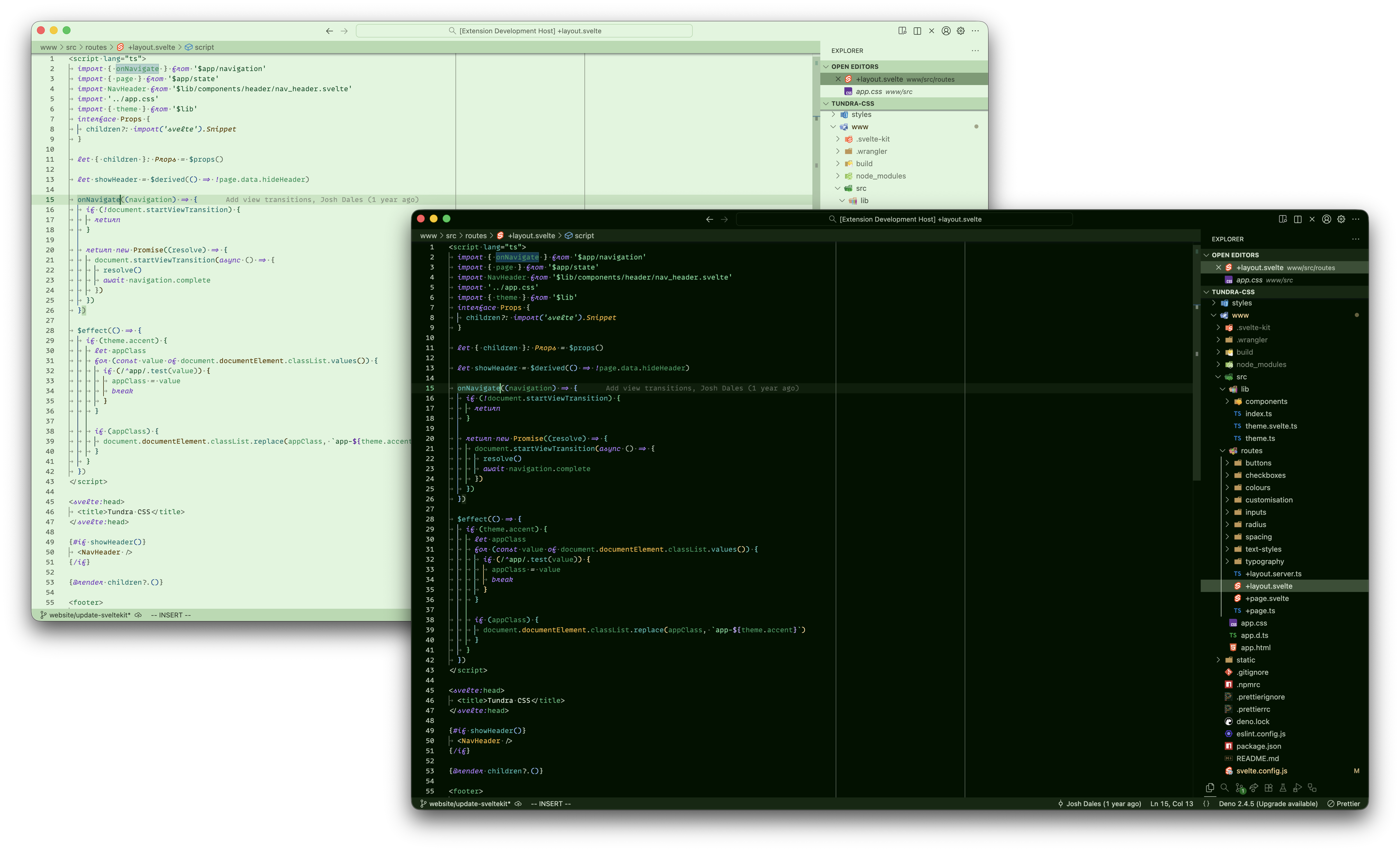 Screenshot of VS Code with light and dark version of the trees theme