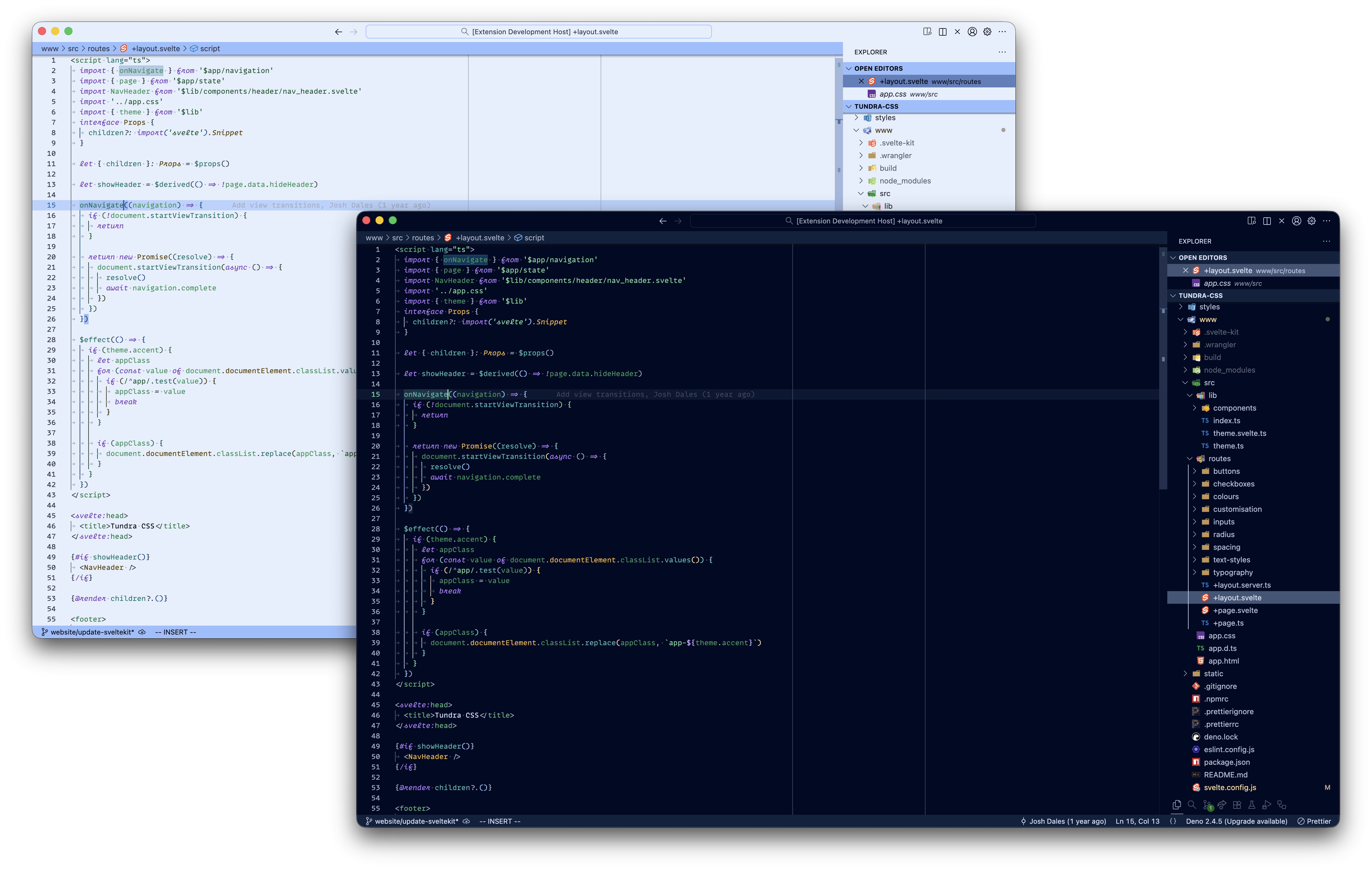 Screenshot of VS Code with light and dark versions of the theme