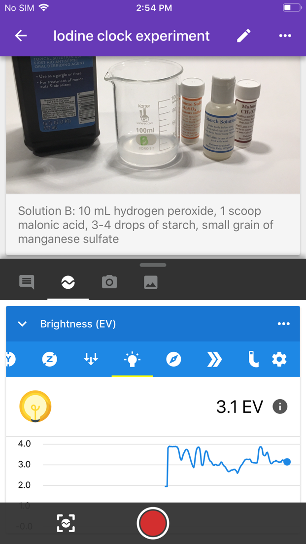 iOS screenshot showing `Iodine Clock` experiment.