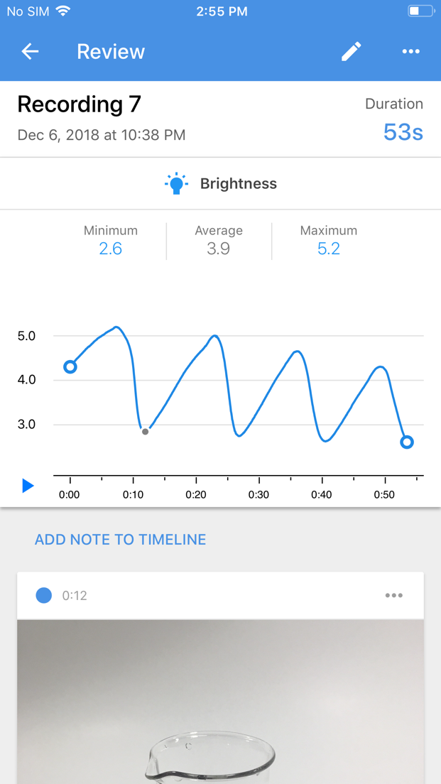 iOS screenshot showing `Iodine Clock` recording with notes alongside brightness sensor with various values.
