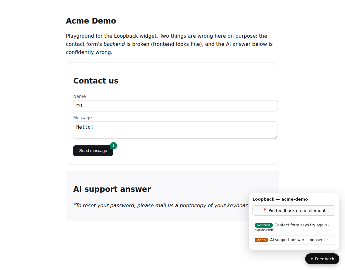 The loop, closed: a green verified pin on the form claude-code fixed (PR linked), an amber open pin on the AI answer, and the Loopback panel listing both