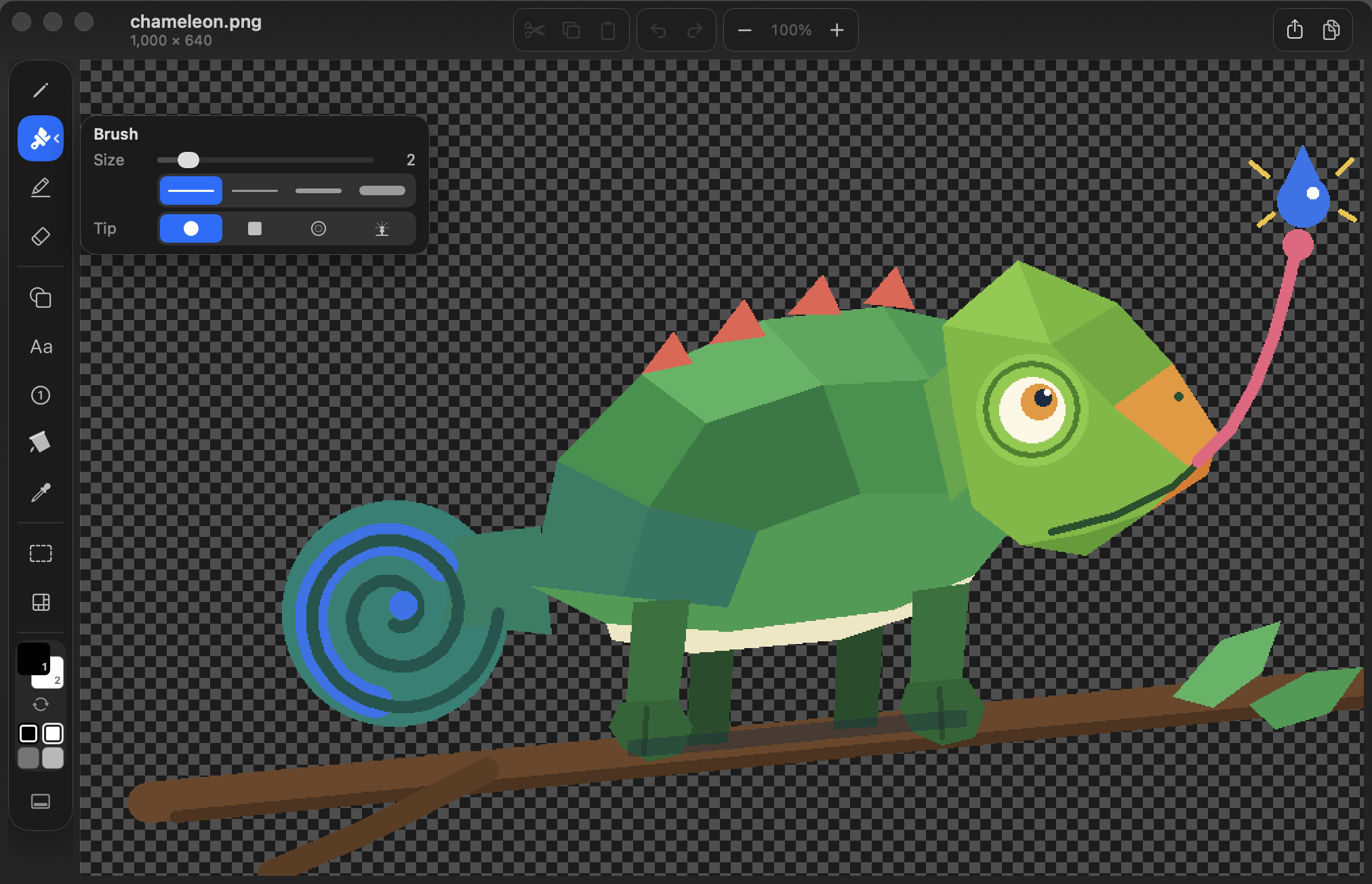 ItsPaint editing a low-poly chameleon on a transparent canvas