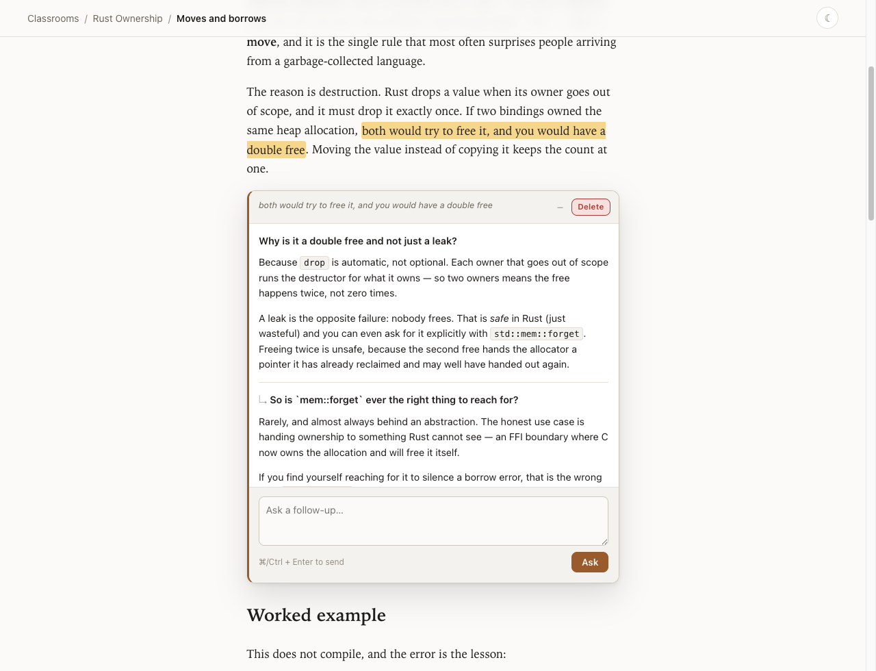 An answered question card anchored under the highlighted sentence, with a follow-up in the same thread