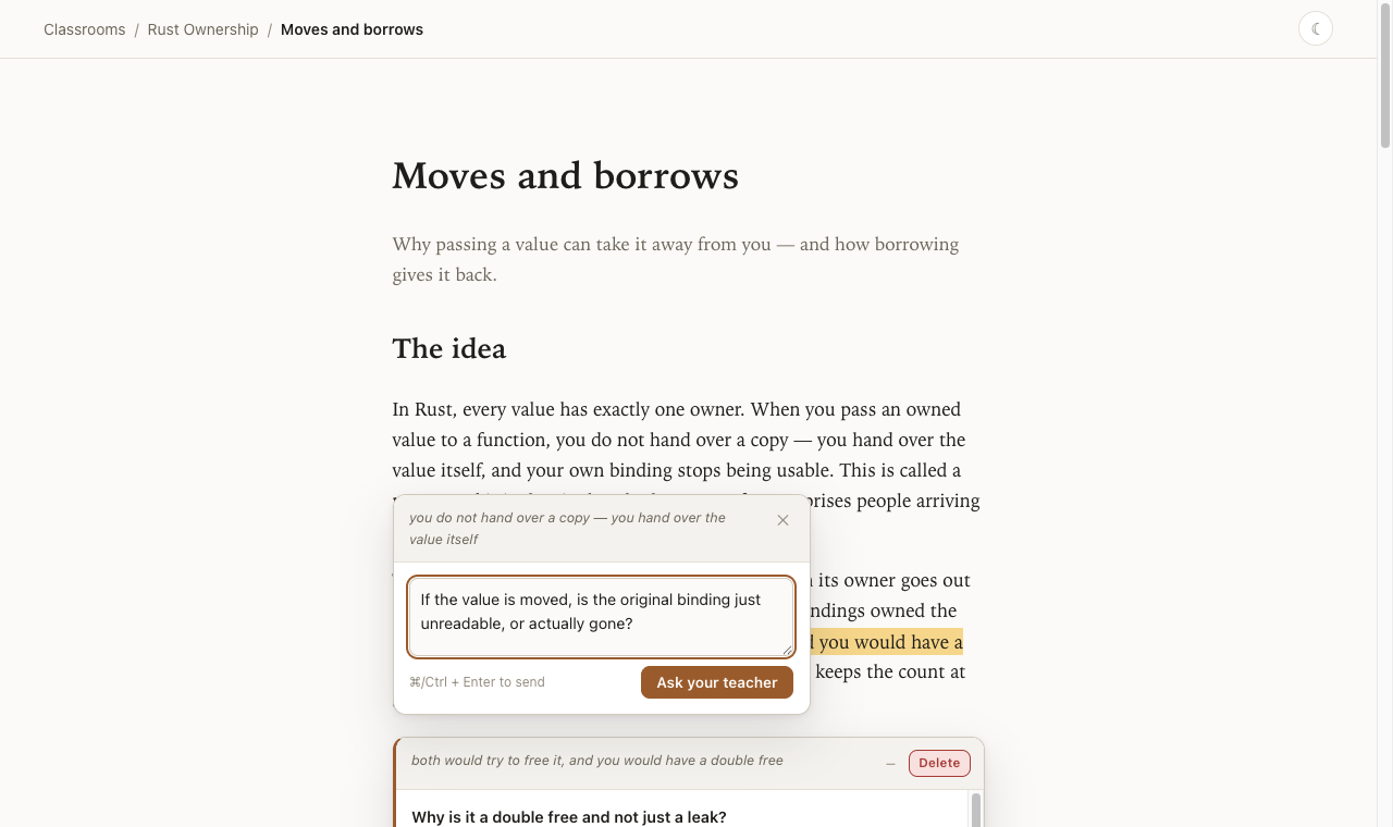 The ask composer open, quoting the highlighted passage above a typed question