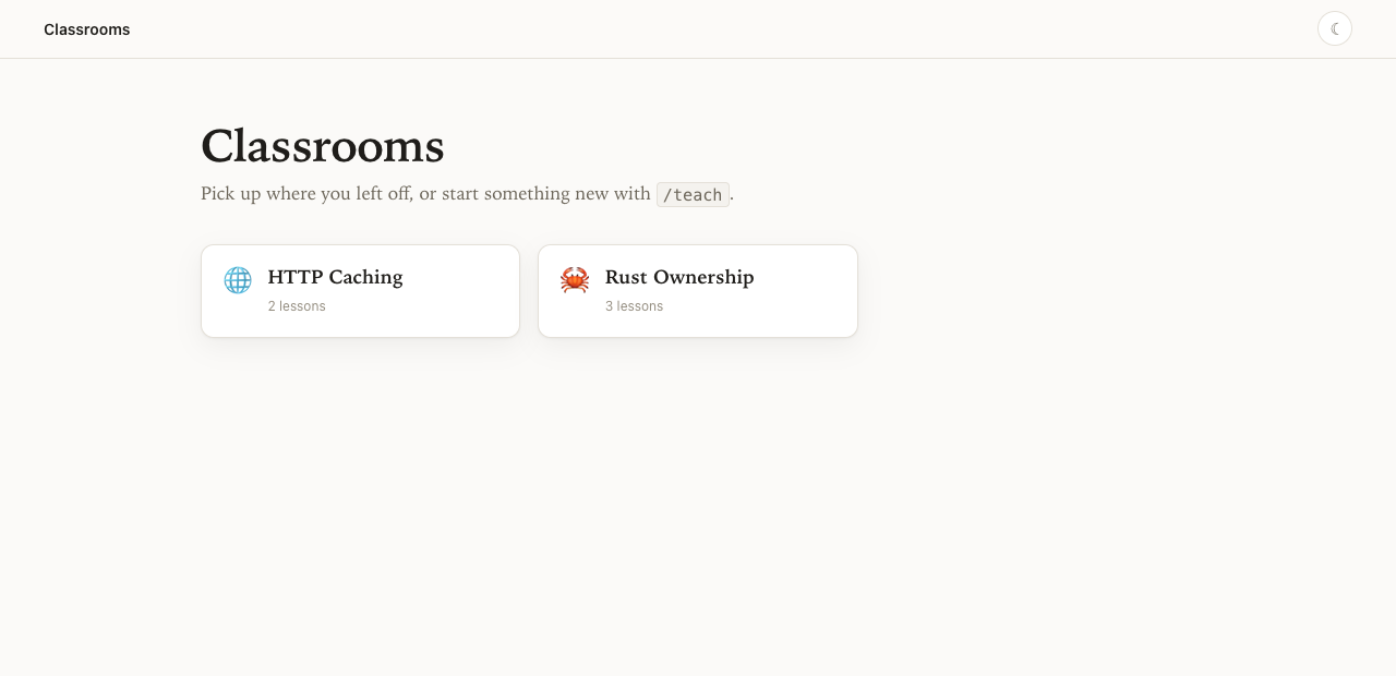 The classroom landing page, listing a classroom per topic