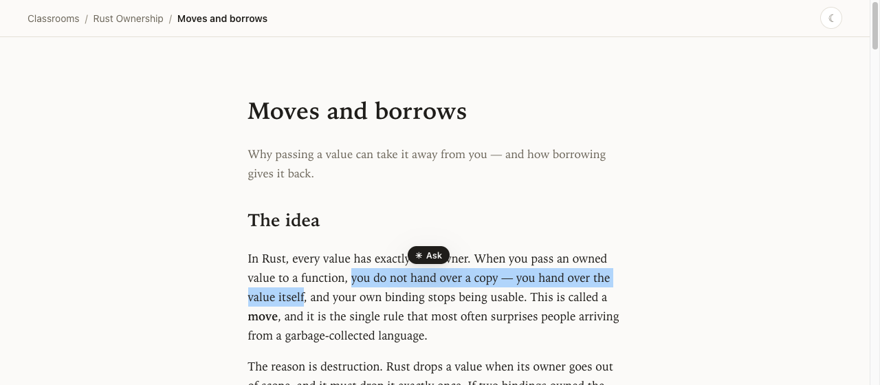 A sentence selected in a lesson with an Ask pill floating above the selection
