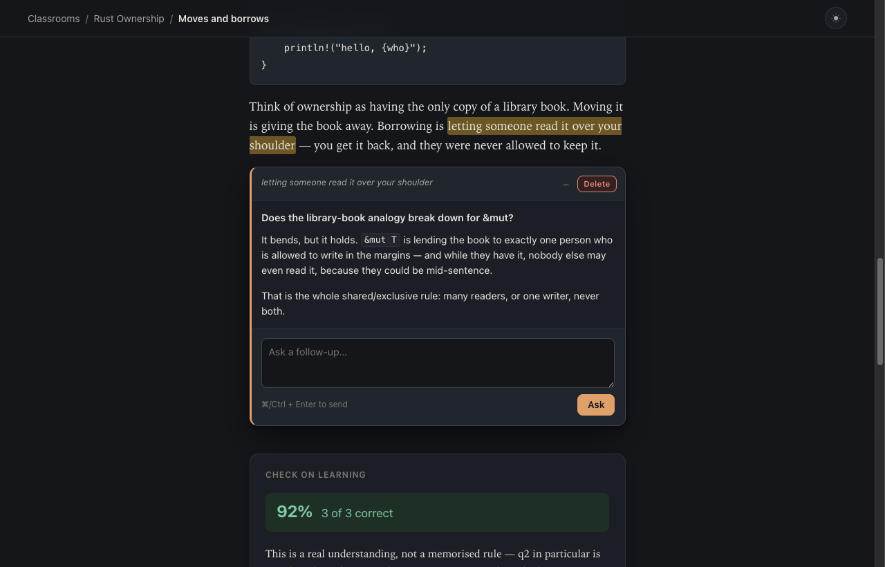 The same lesson in dark mode, showing a card and a graded quiz
