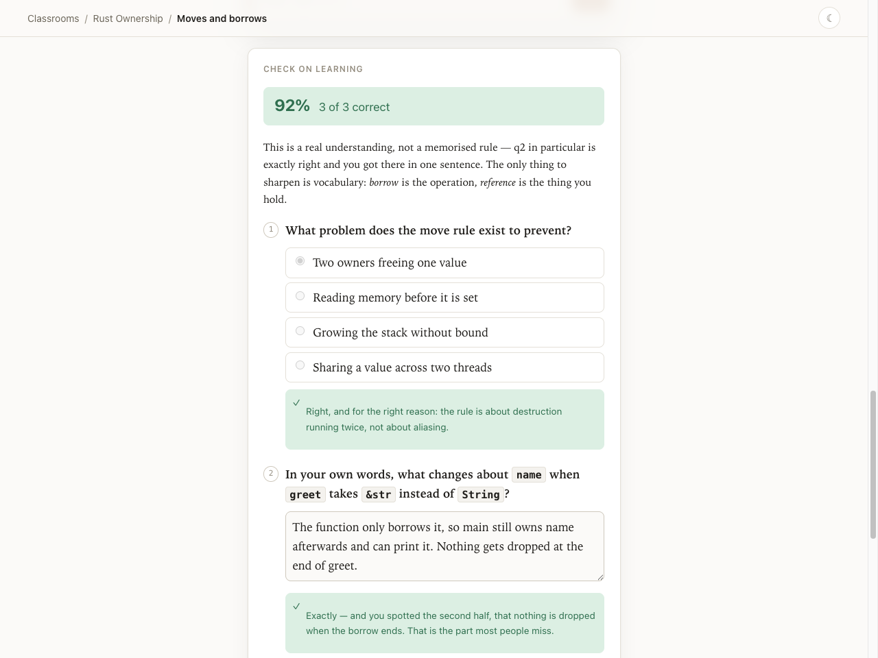 A graded quiz showing 92%, overall feedback, and per-question verdicts
