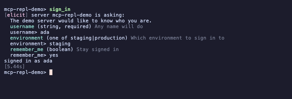 the demo server eliciting a username, an environment, and a boolean, each labelled with its declared type