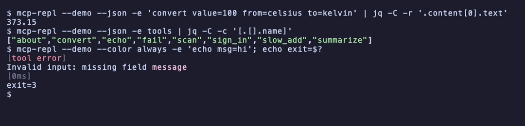 two JSON invocations piped through jq, followed by a schema violation exiting with status 3