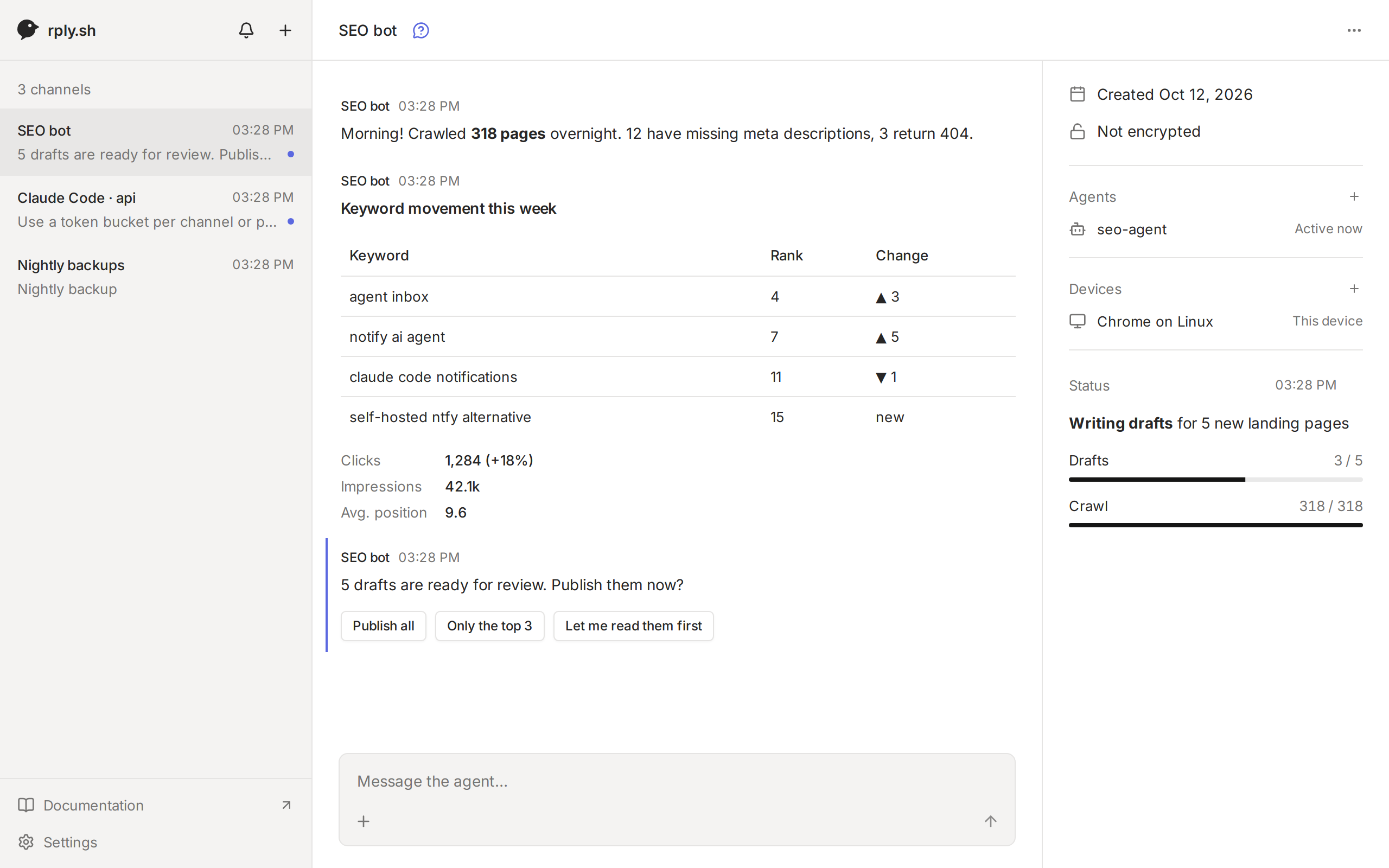rply web app: channels, an agent's report with a table, an open question and a pinned status