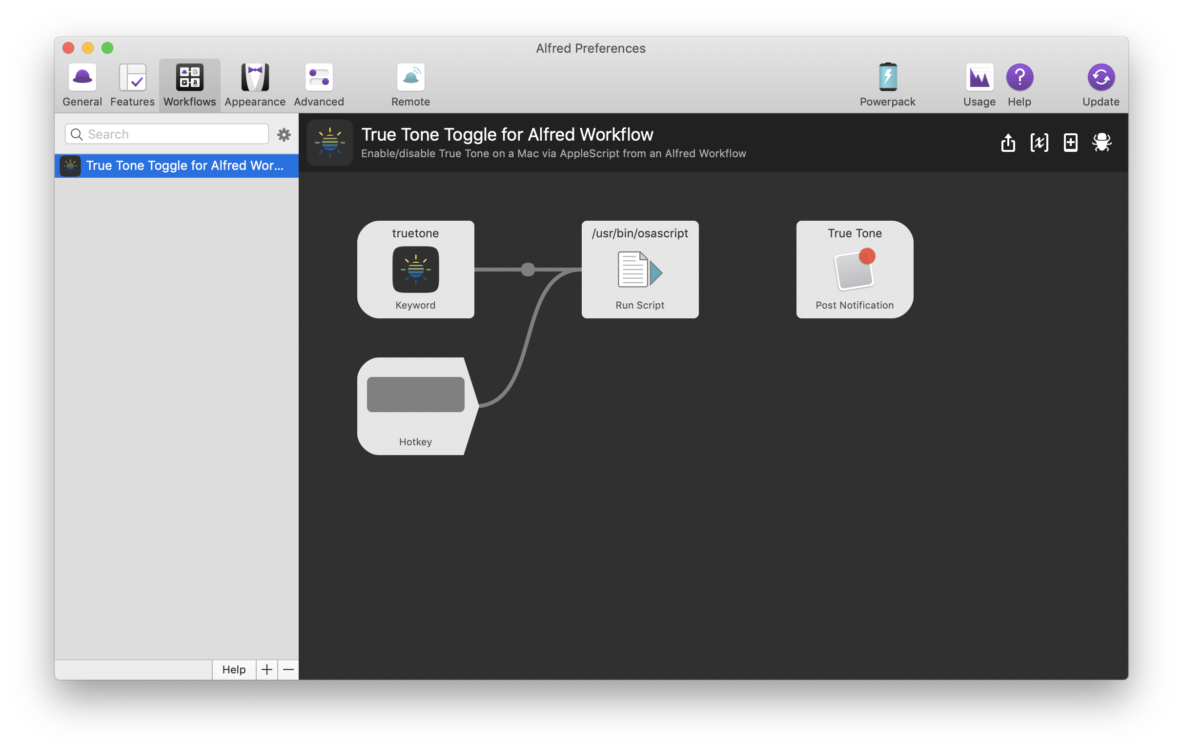 Screenshot of workflow settings in Alfred.app