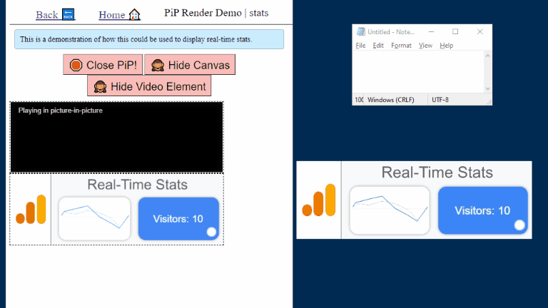 Screen capture showing a floating Picture-in-Picture window that updates with stats from a website analytics platform