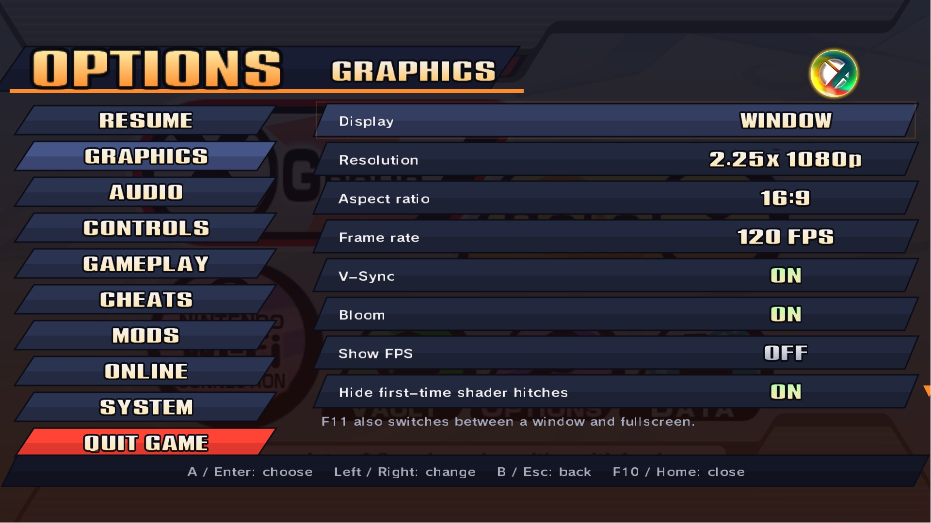 The options menu