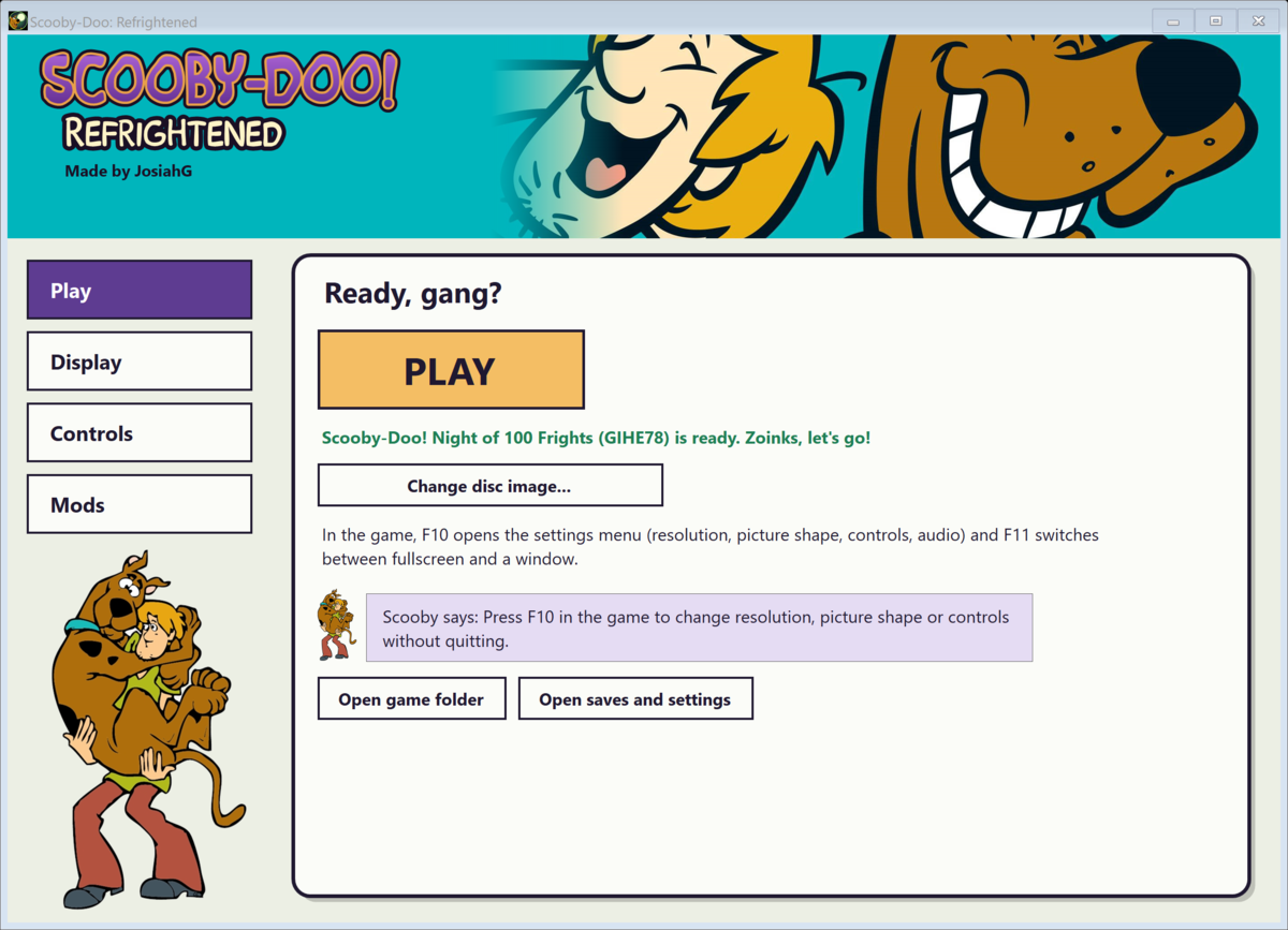 Interface do launcher de Scooby-Doo Refrightened com opções para selecionar o jogo de GameCube