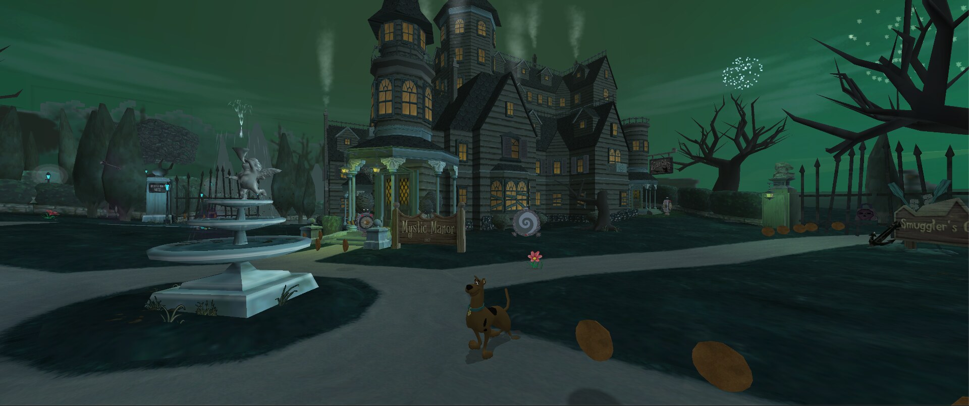 Cena cinematográfica de Scooby-Doo Night of 100 Frights exibida em formato ultrawide no port Refrightened