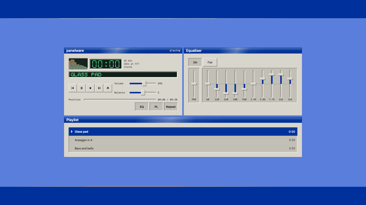 The demo player cycling through the chrome, cyber, paper, and dialup skins while its equaliser moves