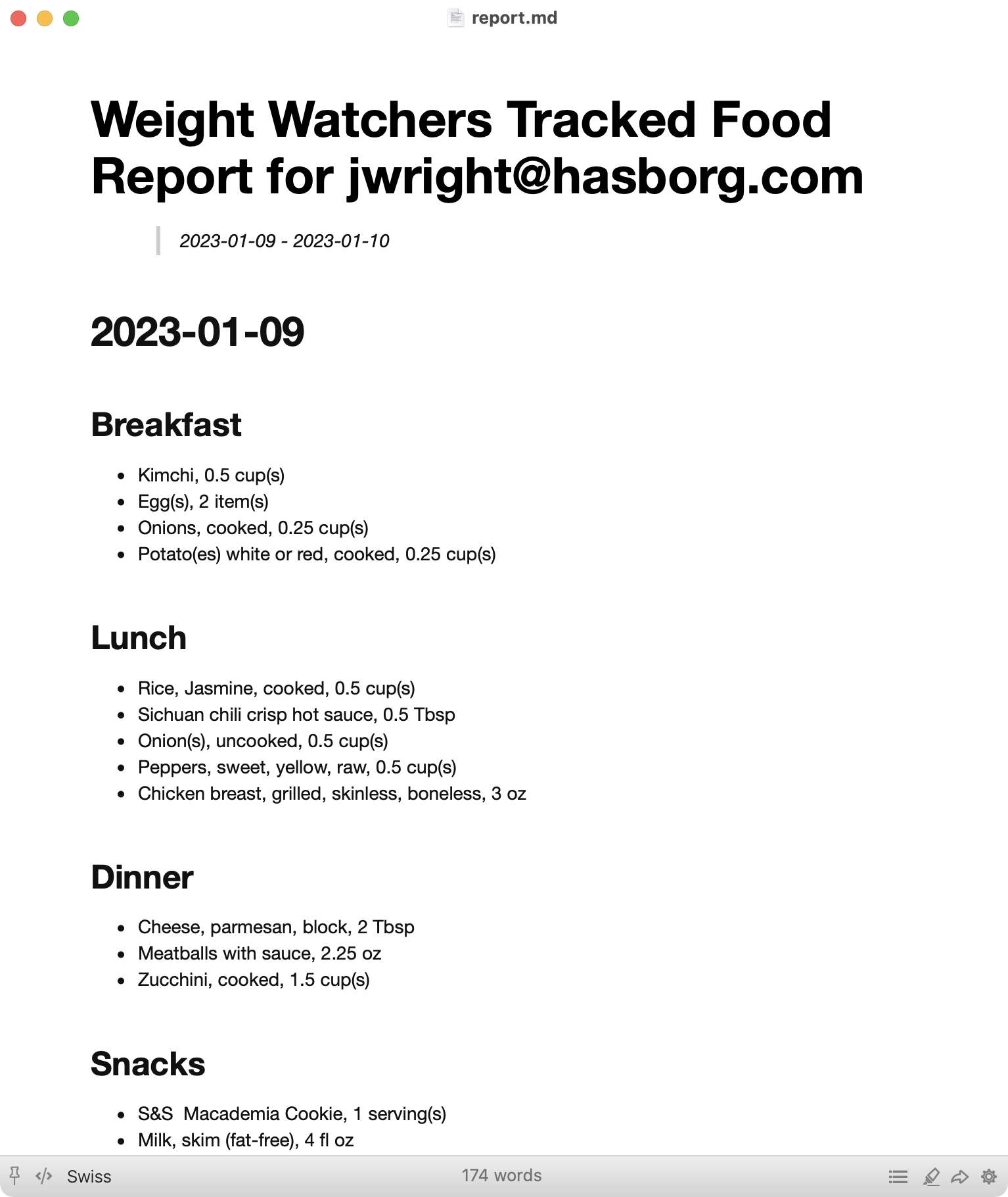 Report screenshot showing output including breakfast, lunch, dinner, and snacks