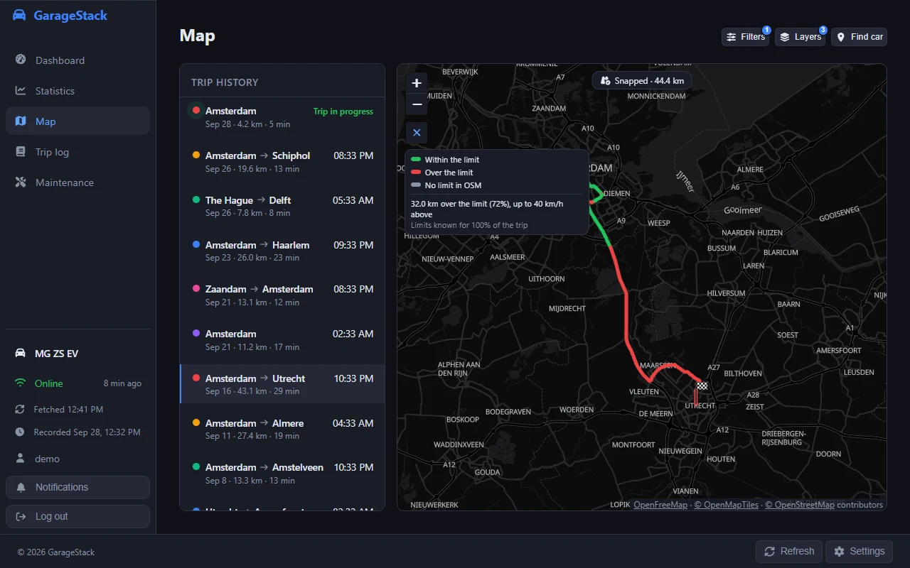 One trip from Amsterdam to Utrecht, snapped to the roads and coloured green where it kept to the speed limit and red where it went over, with a legend summing up how much of it was over