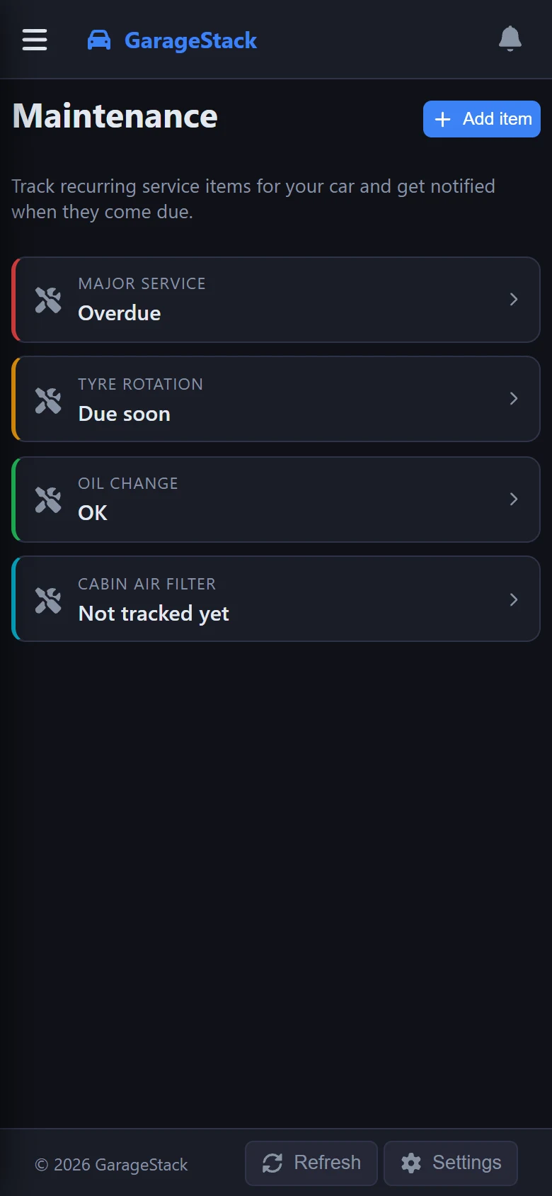The maintenance list on a phone