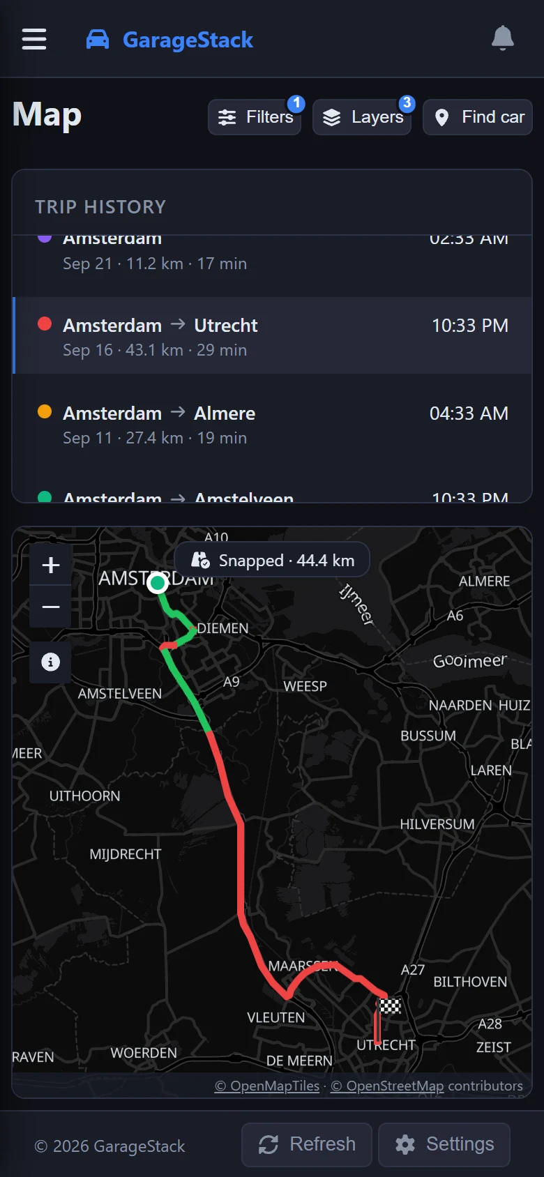 One trip from Amsterdam to Utrecht on a phone, green where it kept to the speed limit and red where it went over
