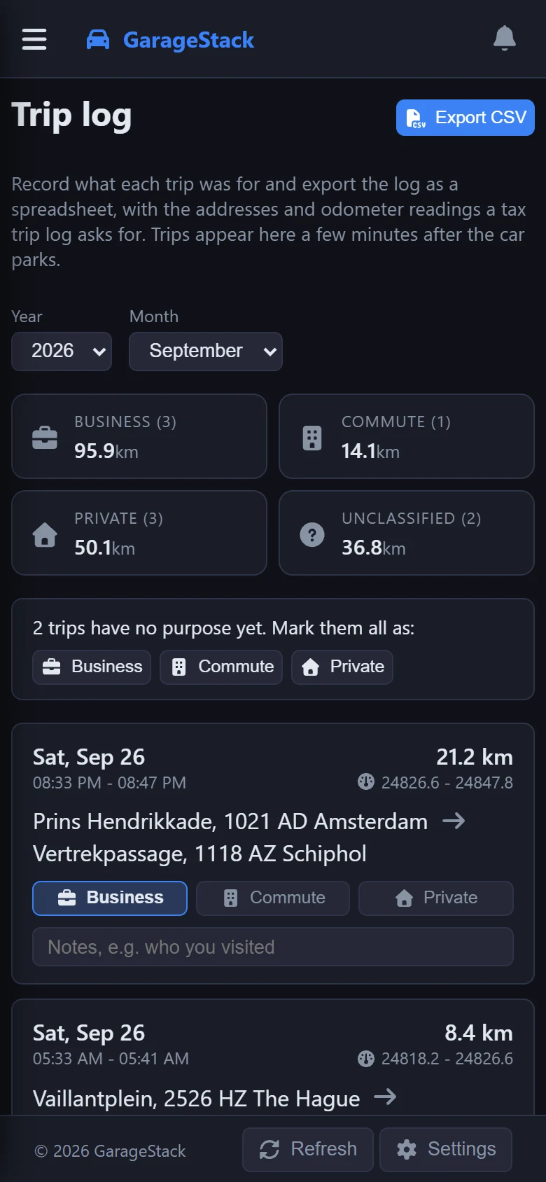 The trip log on a phone