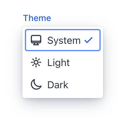 Screenshot of the theme select component, opened