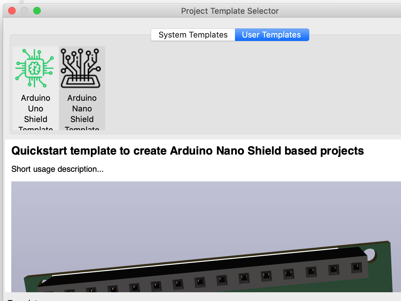 Kicad template arduino nano shield, from the project README