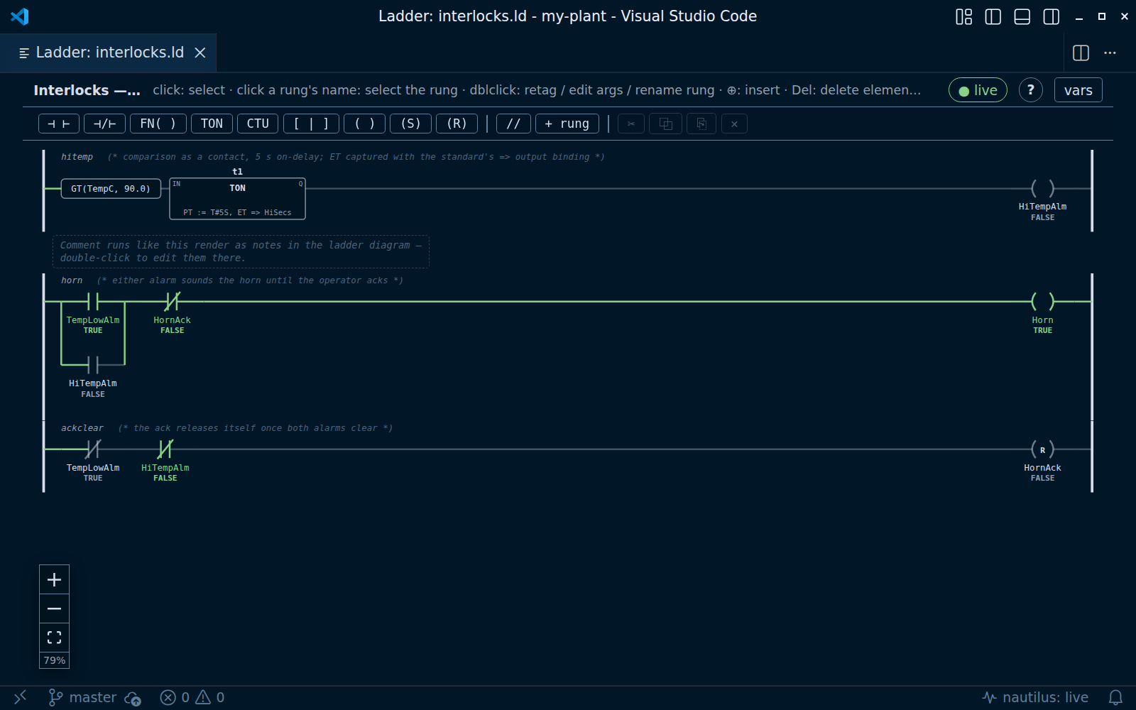 A ladder diagram with live power flow from a running controller