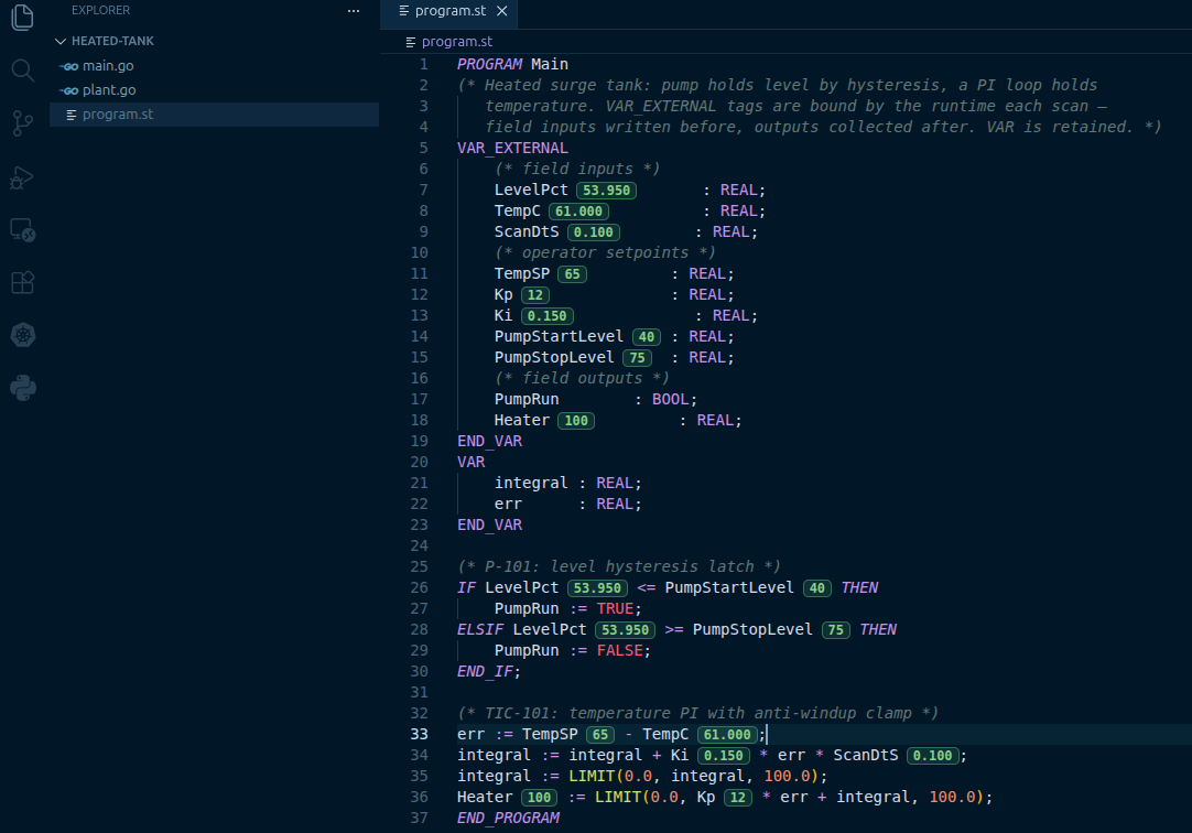 Live tag values rendered as pills next to identifiers in a .st file, with the nautilus file tree alongside