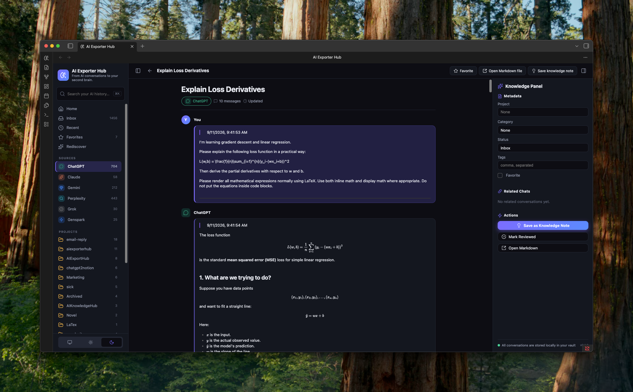 AI Exporter Hub conversation reader and knowledge panel