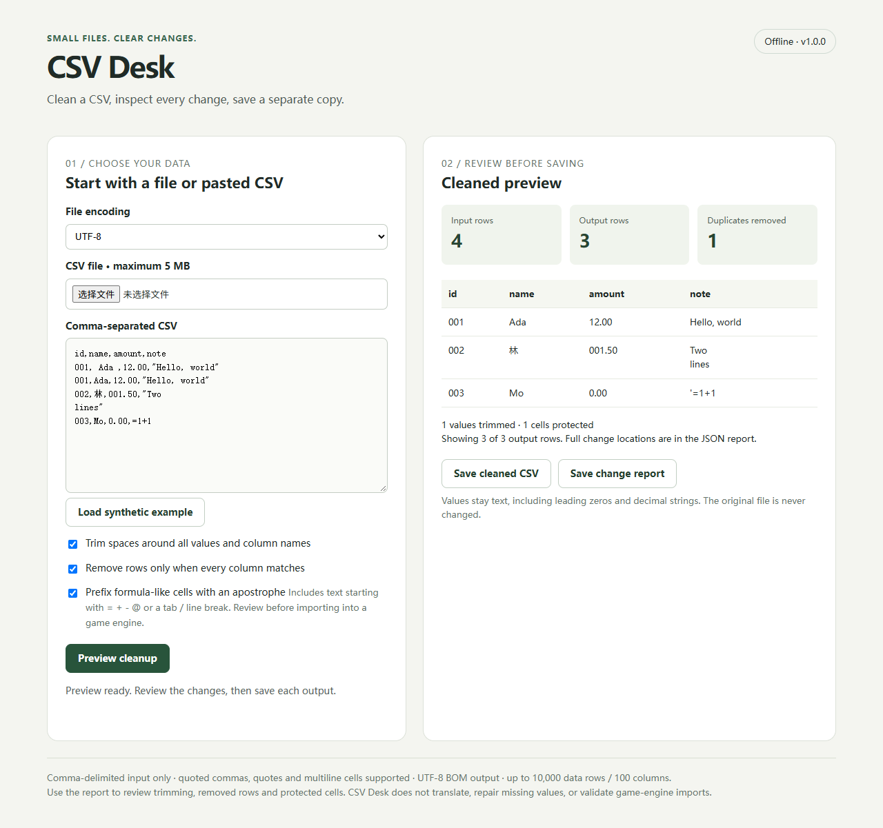 CSV Desk showing a cleaned CSV preview and change summary
