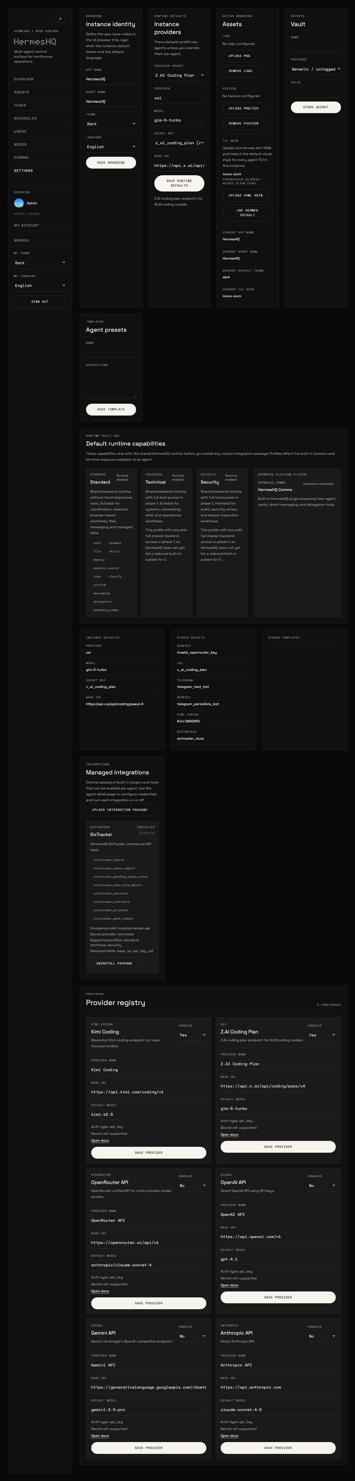 HermesHQ settings