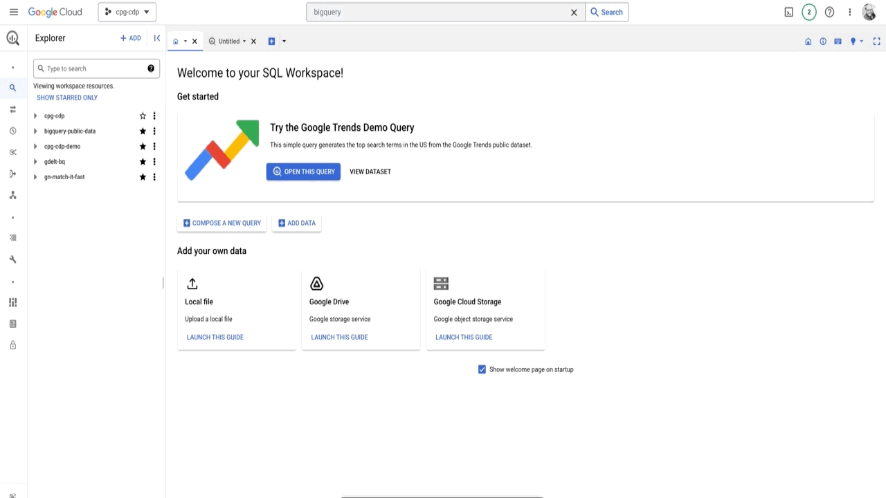 Animated gif showing how to add Gdelt 2.0 to bigquery by clicking new data and public data sources