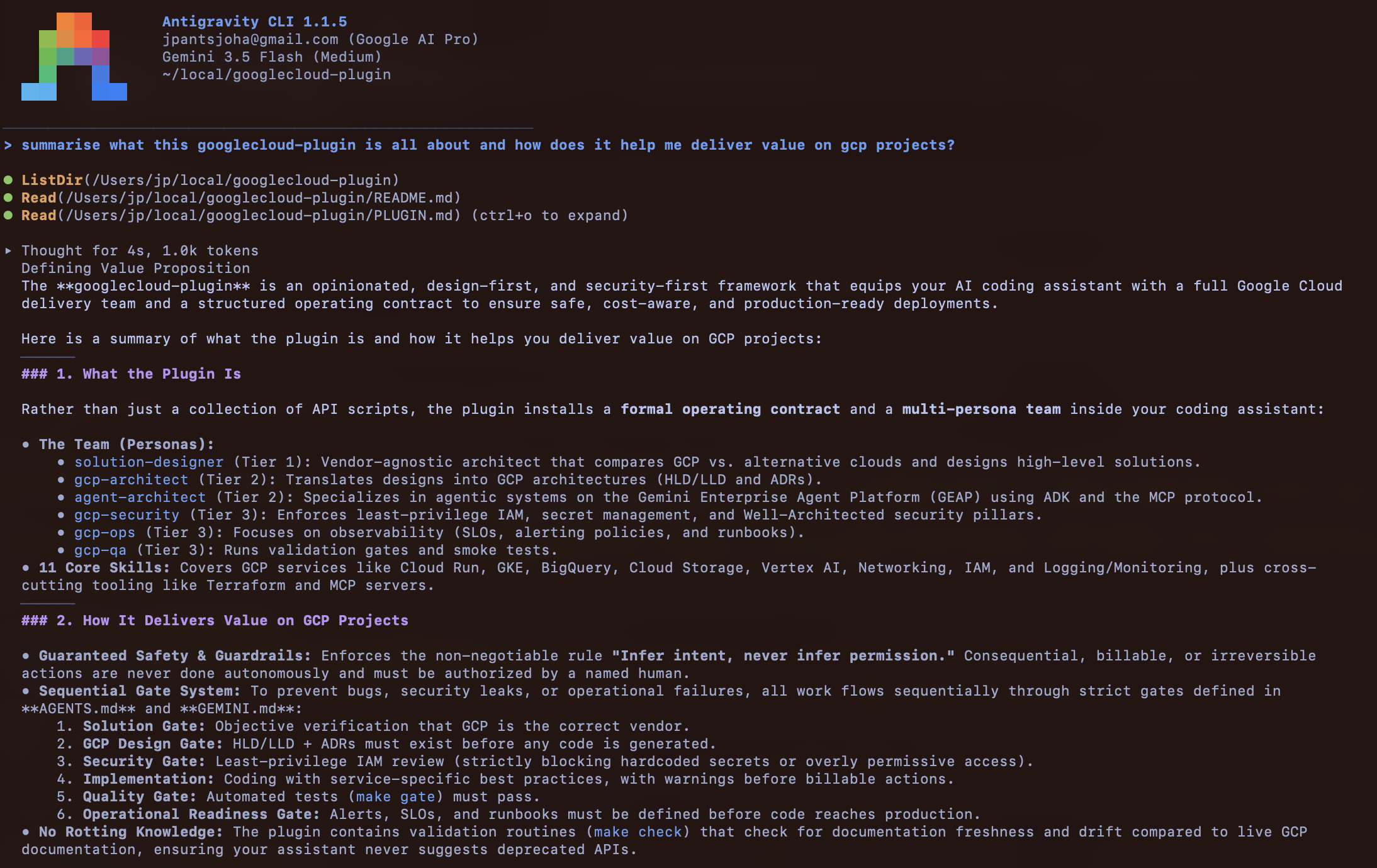 googlecloud-plugin running in the Antigravity CLI — the agent summarises the personas and the sequential delivery gate