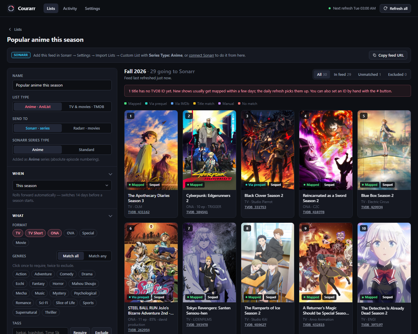 The list editor: filters on the left, a live preview of the list with posters and how each title was matched on the right