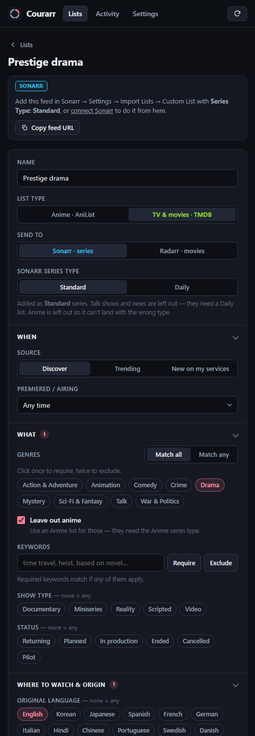 TV list editor on a phone-sized screen