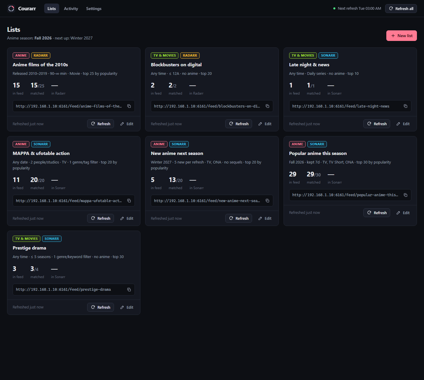 Lists page: anime, TV and movie lists with their feed URLs and counts